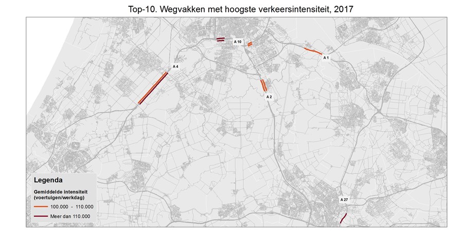 Infographic, Top 10. Wegvakken met hoogste verkeersintensiteit, 2017