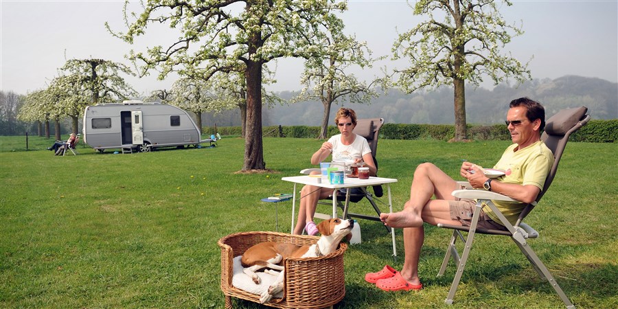 Stel zit in boomgaard met op achtergrond een caravan