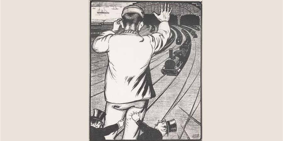 Spotprent van Albert Hahn voor dagblad Het volk n.a.v. de spoorwegstakingen 1903