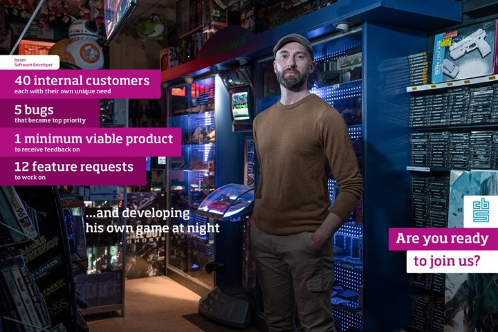 Joram (in a game shop), Software Developer, 40 internal customers each with their own unique need, 5 bugs that became top priority, 1 minimum viable product to receive feedback on, 12 feature requests to work on   and developing his own game at night. Are you ready to join us?