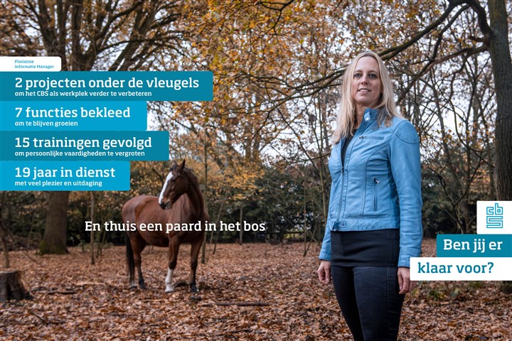 Florianne met haar paard (in een bos), informatiemanager 19 jaar in dienst met veel plezier en uitdaging 7 functies bekleed om te blijven groeien 15 trainingen gevolgd om persoonlijke vaardigheden te vergroten 2 projecten onder de vleugels om het CBS als werkplek verder te verbeteren en thuis een paard in het bos Werken bij het CBS! Ben jij er klaar voor?