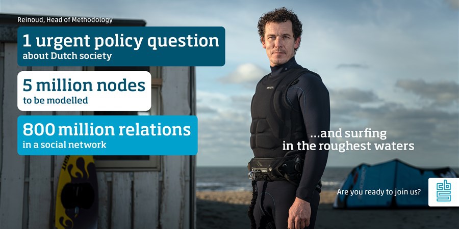 Reinoud (on the beach), Head of Methodology, 1 urgent policy question about Dutch society, 5 million nodes to be modelled, 800 million relations in a social network, 256 GB of working memory to speed things up and surfing in the roughest waters. Are you ready to join us?