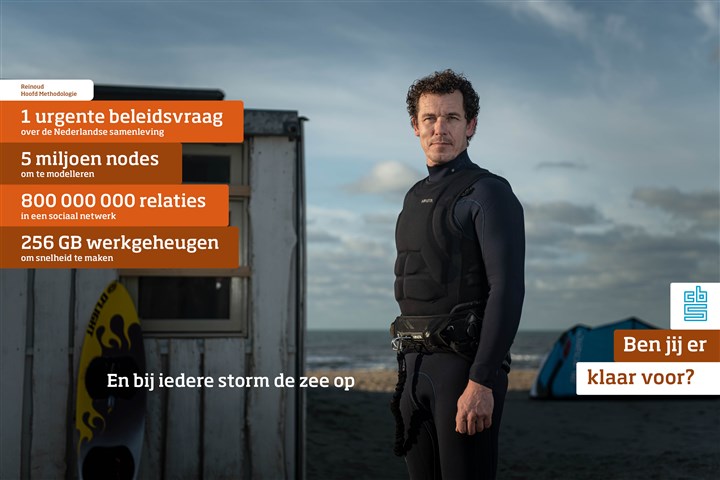 Reinoud (op het strand), hoofd Methodologie 1 urgente beleidsvraag over de Nederlandse samenleving 5 miljoen nodes om te modelleren 800 000 000 relaties in een sociaal netwerk 256 GB werkgeheugen om snelheid te maken En bij iedere storm de zee op. Werken bij het CBS! Ben jij er klaar voor?