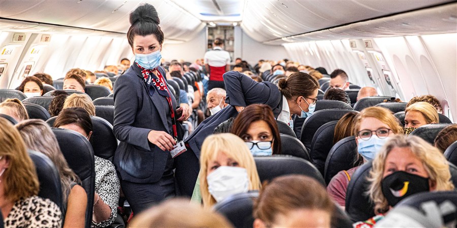 Flight assistant working on an airplane