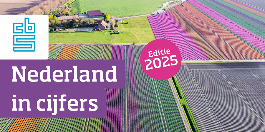 Voorkant van de webpublicatie Nederland in Cijfers 2025 met een bloembollenveld met vele kleuren