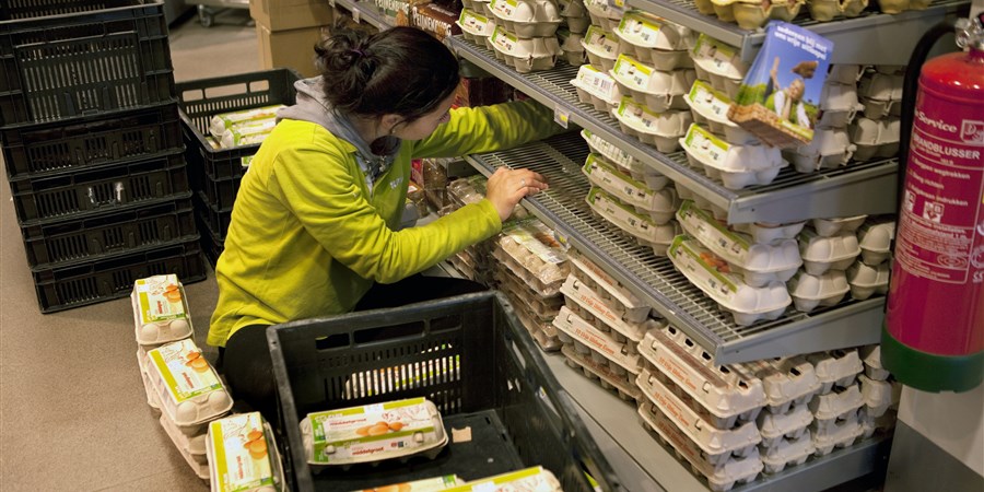 A supermarket employee places boxes of eggs on the shelves.