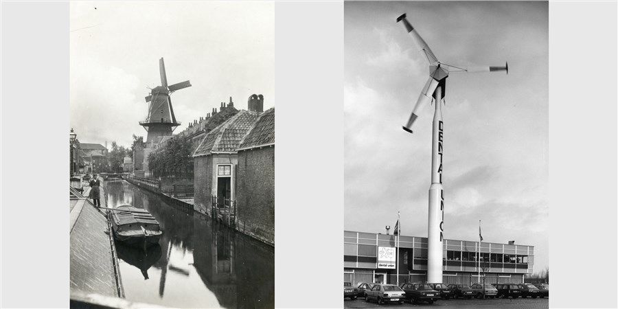 Oude windmolen versus een van de vroege nieuwe windmolens.