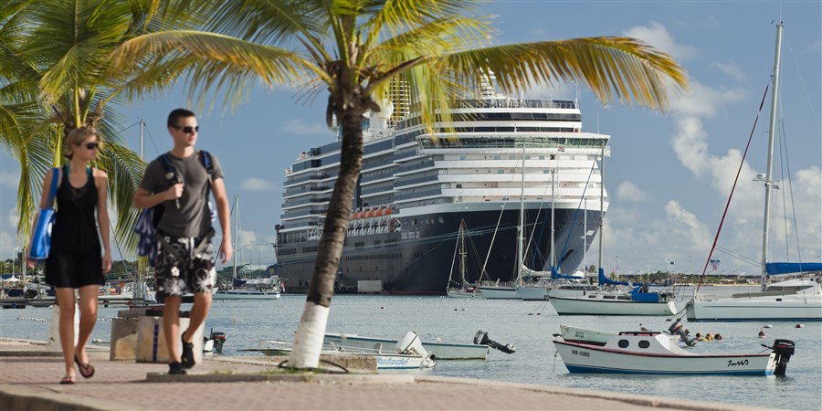 Cruise Ship called Noordam from The Holland America Line moored in port.