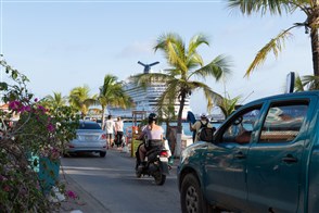 Port of Bonaire including cruise ship, motorcycles and cars.