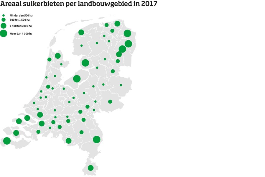 Kaart van Nederland met oppervlakte met suikerbieten per landbouwgebied